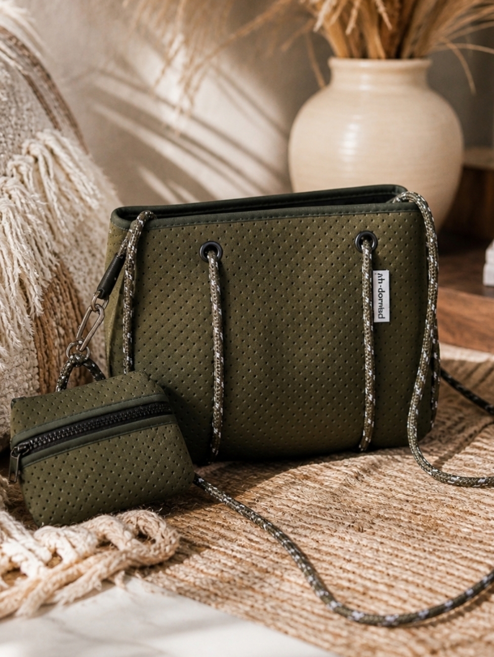 Ah-Dorned Olive Green Neoprene Crossbody‎ Bag + Coin Pouch | Perforated, Light